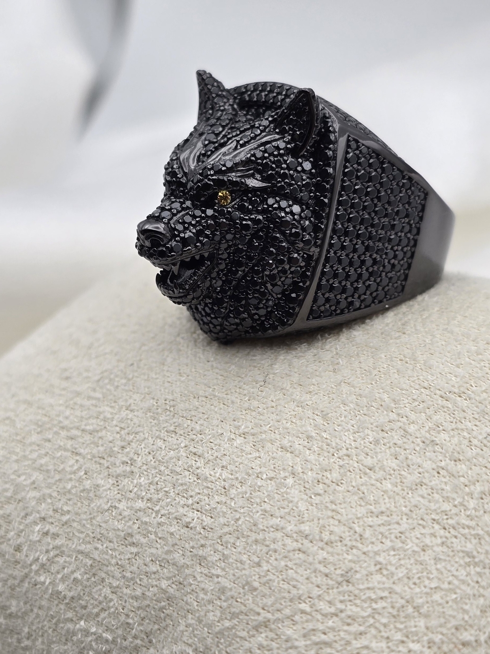 Neve Jewelry Sterling Silver 925 Moissanite Pave Black Wolf Head Luxury Ring - Picture 4 of 9